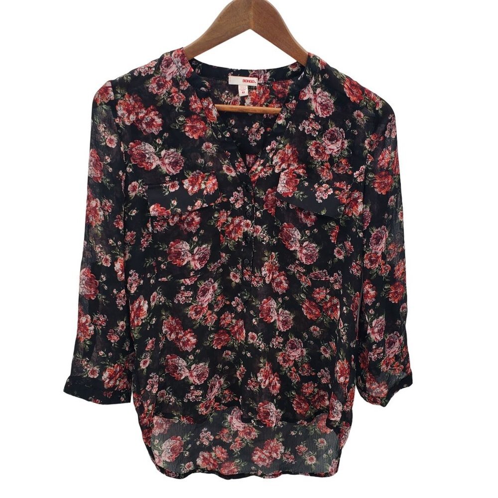 Bongo Womens Floral Sheer Popover Blouse Top Sz M Roll Tab Sleeve Boho V-Neck